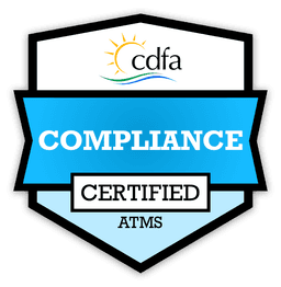 Badge with CDFA logo, labeled ‘COMPLIANCE’ and ‘CERTIFIED ATMS’