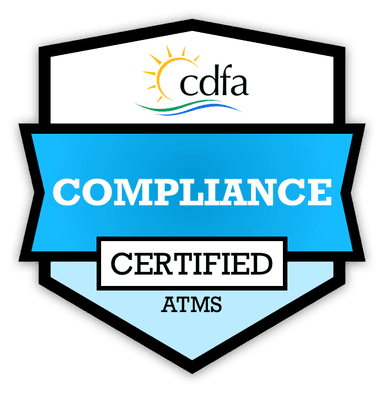 CDFA Certified Compliance badge Badge with CDFA logo, labeled ‘COMPLIANCE’ and ‘CERTIFIED ATMS’