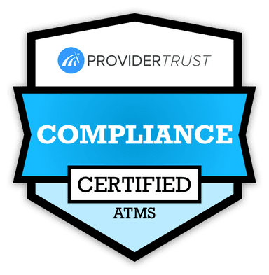 ProviderTrust Certified Compliance badge Badge with ProviderTrust logo, labeled ‘COMPLIANCE’ and ‘CERTIFIED ATMS’